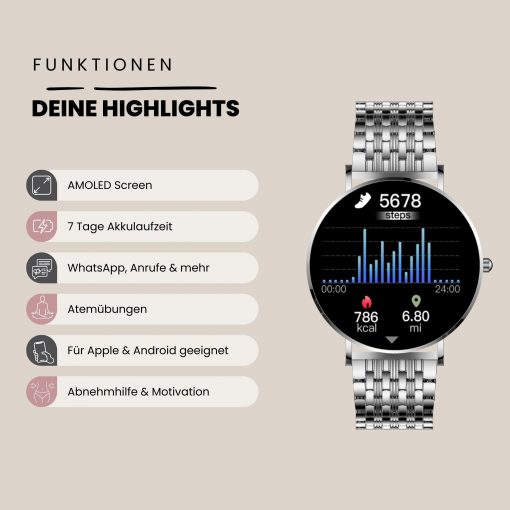 Frauen Smartwatch iOS rund Siona2 Silber