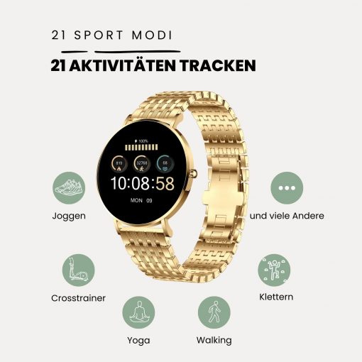 XCOAST 570479-G-Damen Smartwatch gold elegant mit Blutsauerstoff
