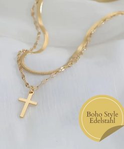 Mehrlagige Edelstahl-Kette mit Kreuzanhänger – modischer Layer-Look für Damen