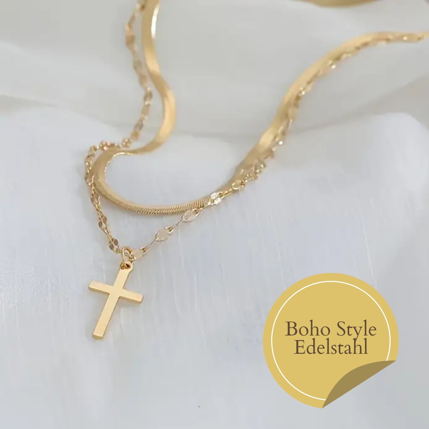 Mehrlagige Edelstahl-Kette mit Kreuzanhänger – modischer Layer-Look für Damen