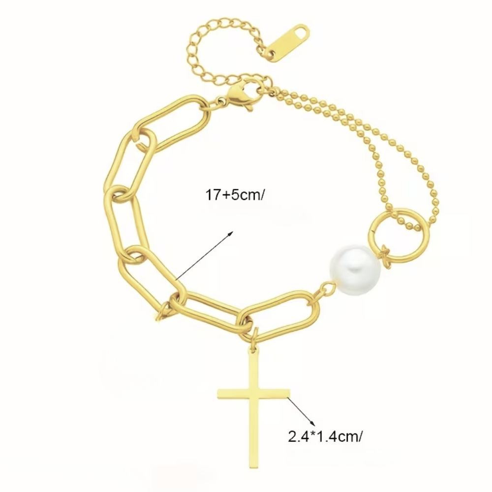 Goldfarbenes Damen Armband mit Kreuz & Perlen – Boho Schmuck mit Bedeutung – Bild 3